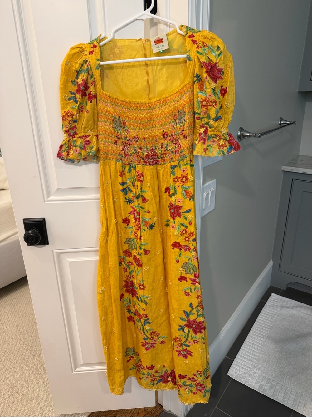 FARM Rio Yellow Floral Smocked Midi Dress with Puff Sleeves
